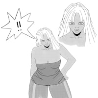 a drawing of a woman with white hair and a speech bubble