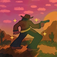 a drawing of a cowboy holding a gun in the desert