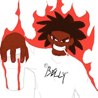 a black man holding a cup with flames on it