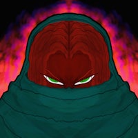 an image of a red face with green eyes