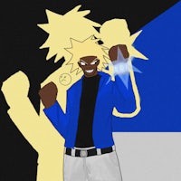 a cartoon character with blond hair and a blue jacket